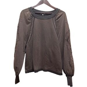 Gimmicks BKE Brown Lace sleeve Sweatshirt Womens Large Boho Crochet Pullover